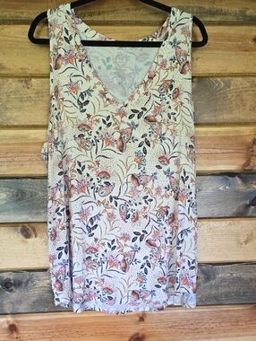 Floral V-Neck Sleeveless Tank Top - Cream with Orange and Black